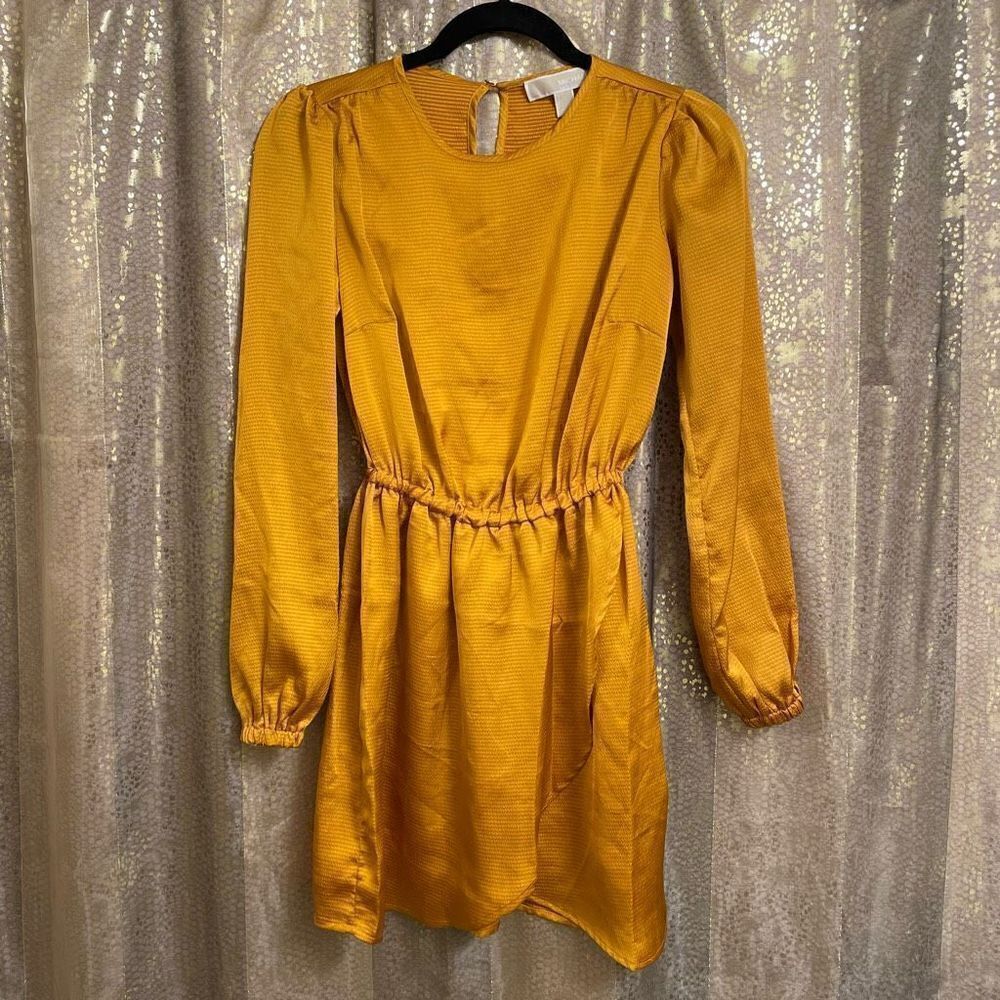 Michael Kors Marigold Yellow Satin Long Sleeve Flounce Dress, XXS/00 NWT